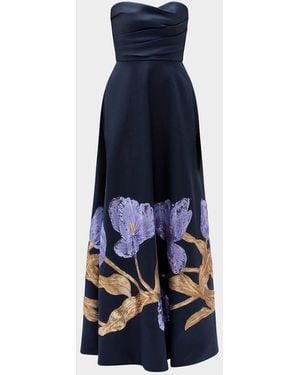 Amsale Strapless Floral Trim Long Gown - Blue