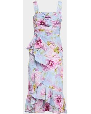 THEIA Livia Draped Floral-Print Taffeta Midi Dress - White