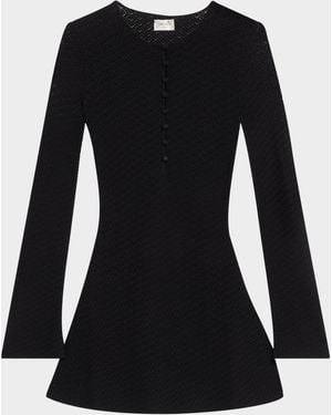 Saint Laurent Buttoned Long-Sleeve Knit Mini Dress - Black