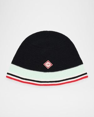 CASABLANCA Monogram Stripe-Trim Crochet Beanie Hat - Black