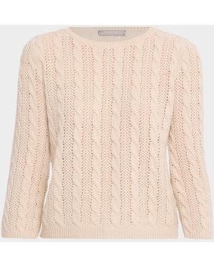 Neiman Marcus Pointelle Crewneck Cashmere Sweater - Natural