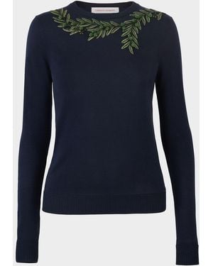 Carolina Herrera Branch Embroidered Silk-Cotton Crewneck Sweater - Blue