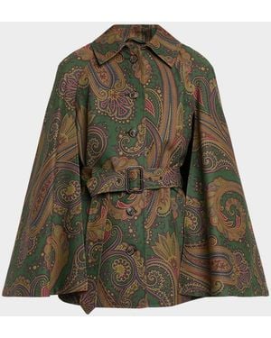 Etro Paisley-Print Cotton Belted Cape Coat - Green