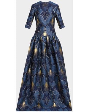 Reem Acra 3/4-Sleeve Lame Brocade Drop-Waist Gown - Blue
