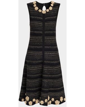 Teri Jon Striped Crochet Floral Applique Midi Dress - Black