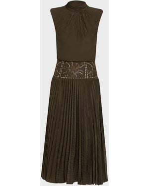 Ramy Brook Kimberly Embroidered Pleated Midi Dress - Green