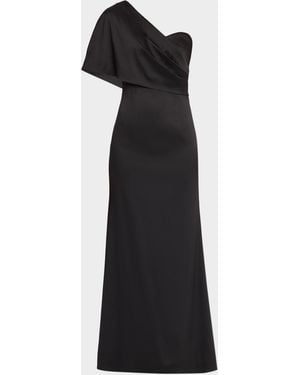 Aidan Mattox Draped One-Shoulder Stretch Mikado Gown - Black