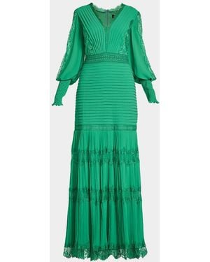 Tadashi Shoji Tiered Bishop-Sleeve Pleated Lace Gown - Green