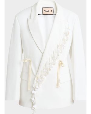 Plan C Sequin-Fringe Drawstring Double-Breasted Blazer Jacket - White