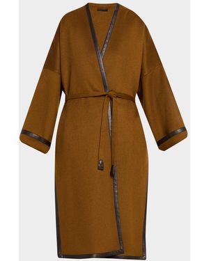 Brioni Leather-Trim Cashmere Oversized Wrap Coat - Brown