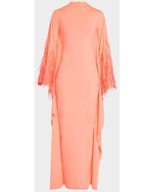 LAPOINTE Ostrich Feather Compact Jersey Batwing Gown - Pink