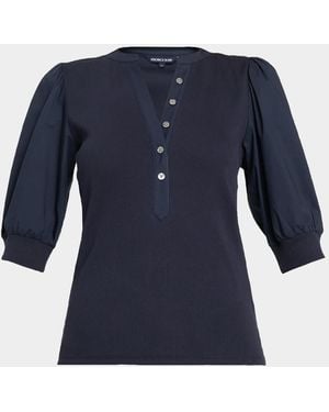 Veronica Beard Coralee Puff Sleeve Button-Front Top - Blue