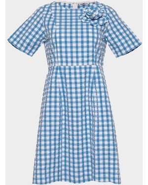 Frances Valentine Michelle Flower-Embellished Gingham Midi Dress - Blue