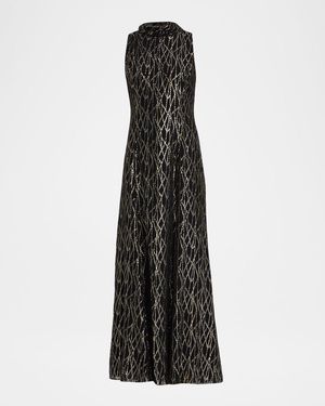 Shoshanna Flora Metallic Mock-Neck Maxi Dress - Black
