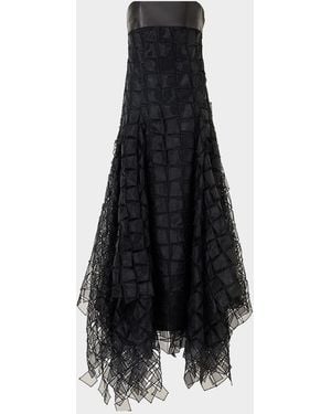 Akris Strapless Trapezoid Embroidered Organza Fringe Maxi Dress - Blue