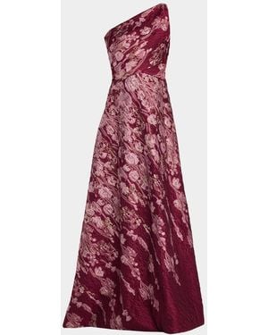 Rene Ruiz One-Shoulder Metallic Brocade Gown - Red