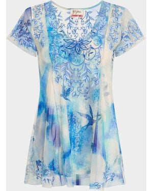 Johnny Was Lisette Embroidered Bird-Print Mesh Blouse - Blue