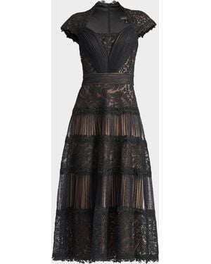 Tadashi Shoji Pleated Mesh & Textured Lace Midi Dress - Black
