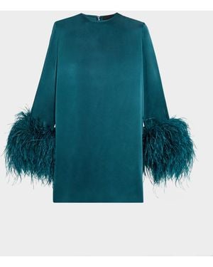 LAPOINTE Satin Feather-Cuff Shift Dress - Blue