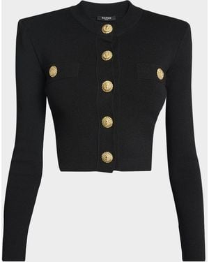 Balmain Buttoned Strong-Shoulder Knit Crop Jacket - Black