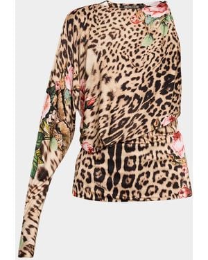Roberto Cavalli Floral Leopard Print Jersey Asymmetric Top - White