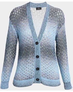 Etro Paillette Ombre Open-Knit V-Neck Cardigan - Blue