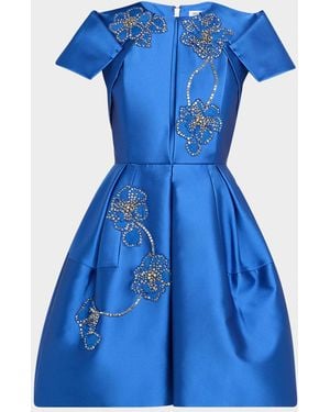 Dice Kayek Floral Embroidered Pleated Mini Dress - Blue
