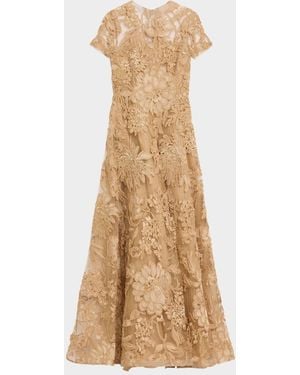 Naeem Khan Floral Raffia Short-Sleeve Gown - Natural