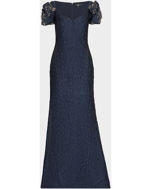 Badgley Mischka Puff-Sleeve Jacquard Mermaid Gown - Blue