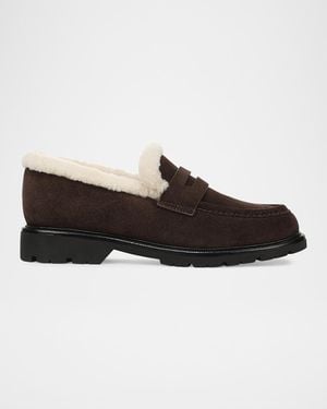 Vince Siena Shearling-Lined Suede Lug-Sole Loafers - Black