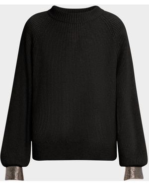 Brunello Cucinelli Monili-Cuff Cashmere Rib Crewneck Sweater - Black