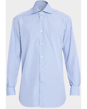 Kiton Apos;S Cotton Grid Check Sport Shirt With Mother-Of-Pearl Buttons - Blue