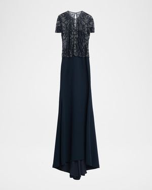 Naeem Khan Beaded Bodice Cap-Sleeve Fit-And-Flare Crepe Gown - Blue