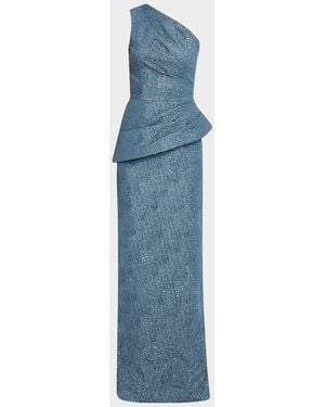 Teri Jon One-Shoulder Metallic Jacquard Peplum Gown - Blue