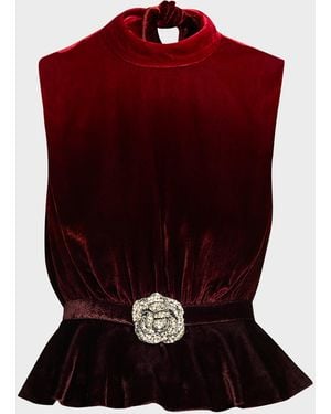 Saloni Fleur Belted High-Neck Velvet Top - Red