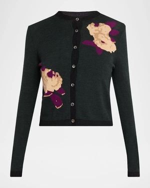 Teri Jon Floral Intarsia Wool Knit Cardigan - Black