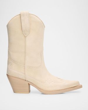 Paris Texas Dakota Suede Mid-Calf Western Boots - Natural