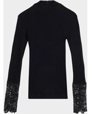 Brunello Cucinelli Lace Glow Embroidered Long-Sleeve Top - Blue