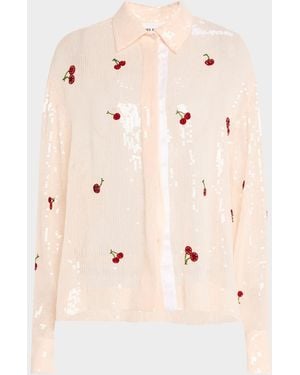 Des Phemmes Sequined Cherry Boyfriend Shirt - Natural