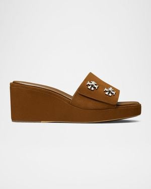 Tory Burch Turnlock Suede Wedge Sandals - Brown
