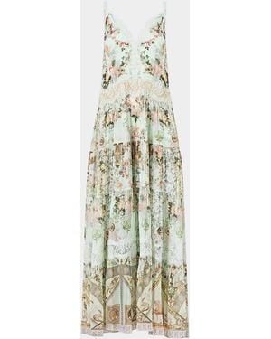 CAMILLA Floral Silk Trapeze Tiered Dress - Metallic
