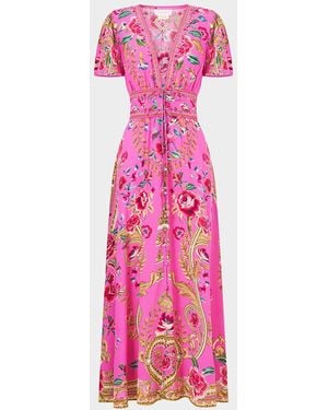 CAMILLA Matadora Flora V-Neck Tie-Front Midi Dress - Pink
