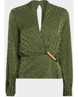Silvia Tcherassi Elvie Draped Satin Long-Sleeve Blouse - Green