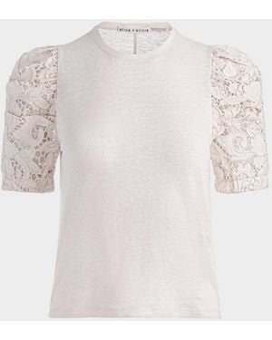 Alice + Olivia Tyler Lace-Sleeve Crewneck Top - White