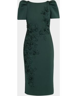Badgley Mischka Puff-Sleeve Floral Stretch Scuba Midi Dress - Green