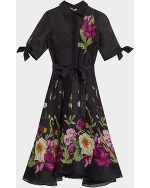 Teri Jon Floral-Print Silken Linen Midi Shirtdress - Multicolor