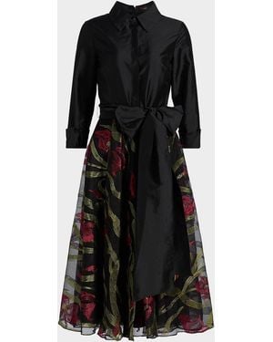 THEIA Azura Embroidered A-Line Shirtdress - Black