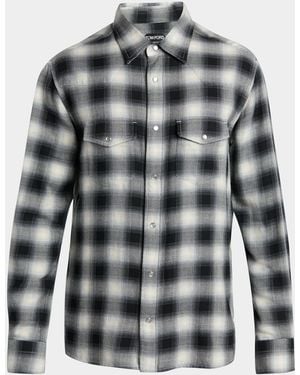 Tom Ford Apos;S Twill Overcheck Snap-Front Western Shirt - Gray