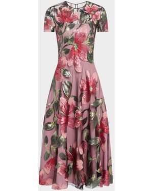 Naeem Khan Floral Matte Sequined Tulle Cap-Sleeve Cocktail Dress - Red