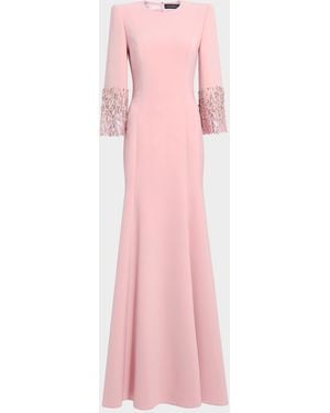 Jenny Packham Anita Embellished 3/4-Sleeve Trumpet Gown - Pink